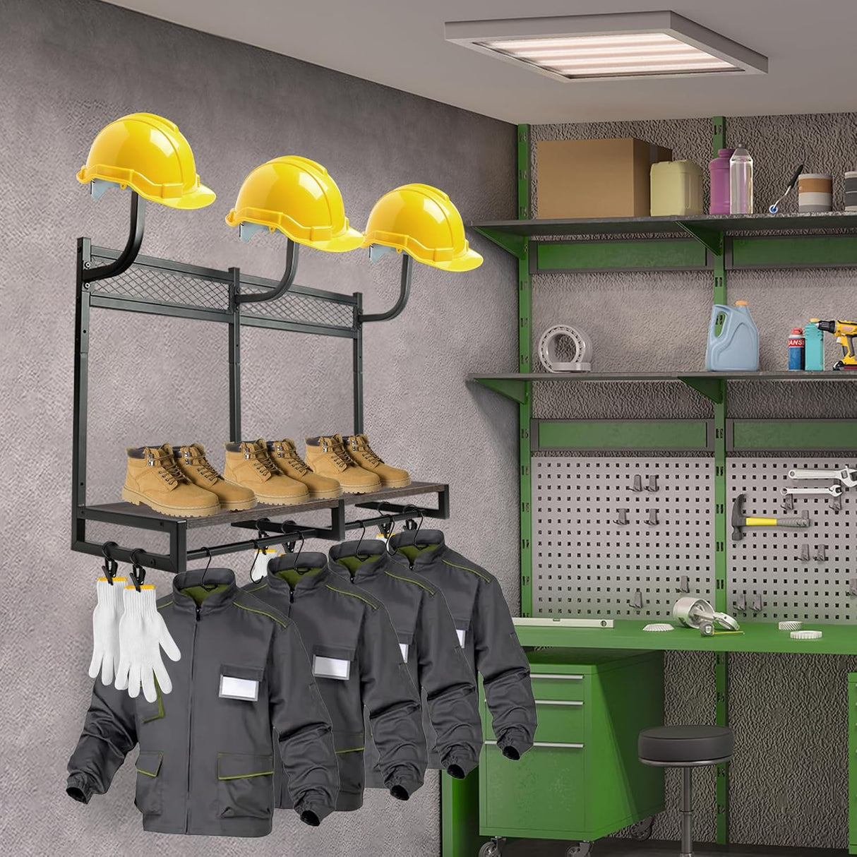 Motorcycle Helmet Holder Wall Mount with 3 Helmet Rack- Rustic Oak & Steel 120Lbs Capacity, 27"X11.8"X31.6" Garage Organizer for Helmets, Jackets, Gloves with 6 Hooks and 6 Clips