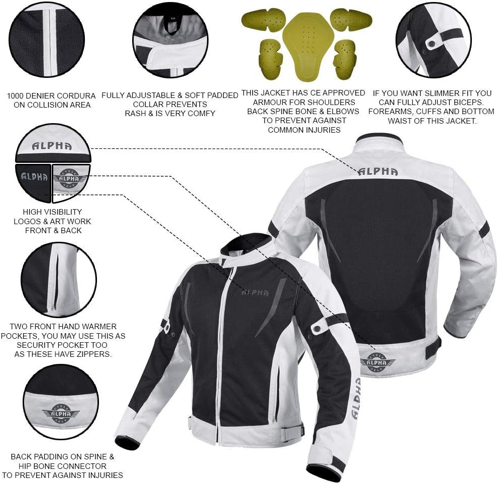 HI VIS MESH MOTORCYCLE JACKET for MENS RIDING BIKERS RACING DUAL SPORTS BIKE ARMORED PROTECTIVE... (GRAY, LARGE)