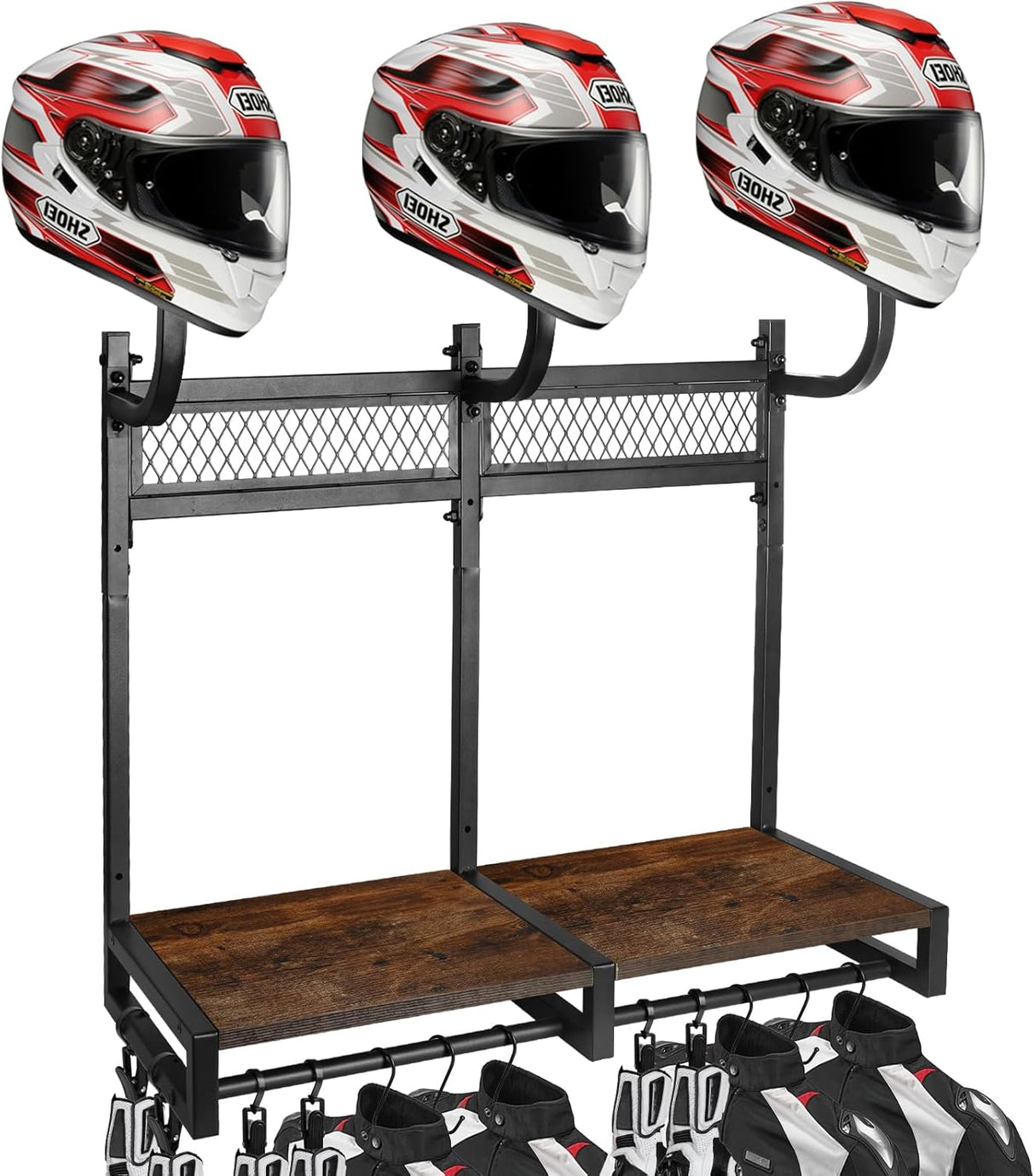 Motorcycle Helmet Holder Wall Mount with 3 Helmet Rack- Rustic Oak & Steel 120Lbs Capacity, 27"X11.8"X31.6" Garage Organizer for Helmets, Jackets, Gloves with 6 Hooks and 6 Clips