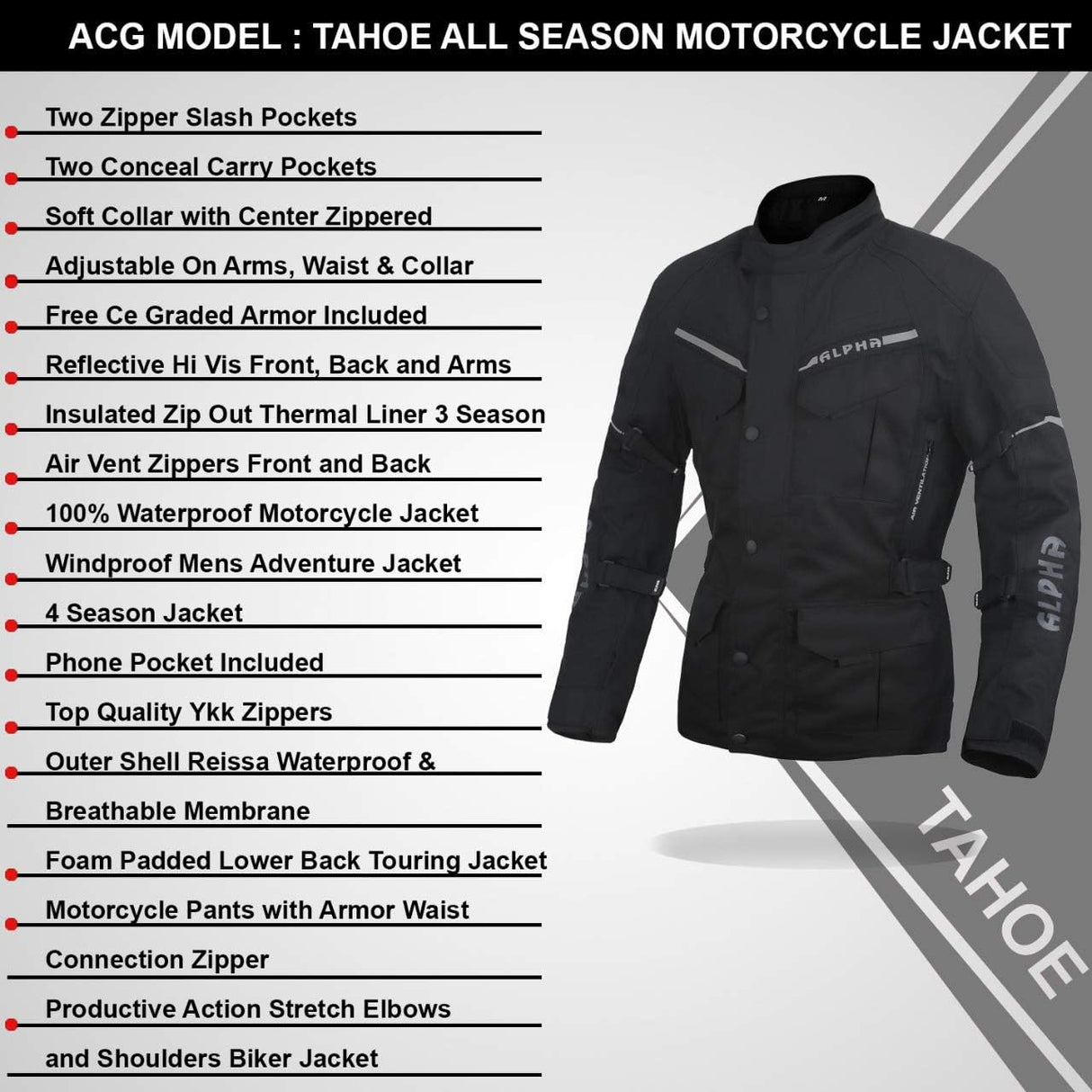 ACG TAHOE-J106 MOTORCYCLE ADV JACKET (BLACK, SMALL)