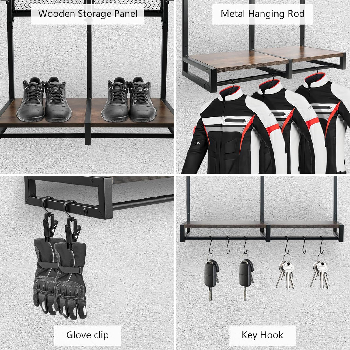 Motorcycle Helmet Holder Wall Mount with 3 Helmet Rack- Rustic Oak & Steel 120Lbs Capacity, 27"X11.8"X31.6" Garage Organizer for Helmets, Jackets, Gloves with 6 Hooks and 6 Clips