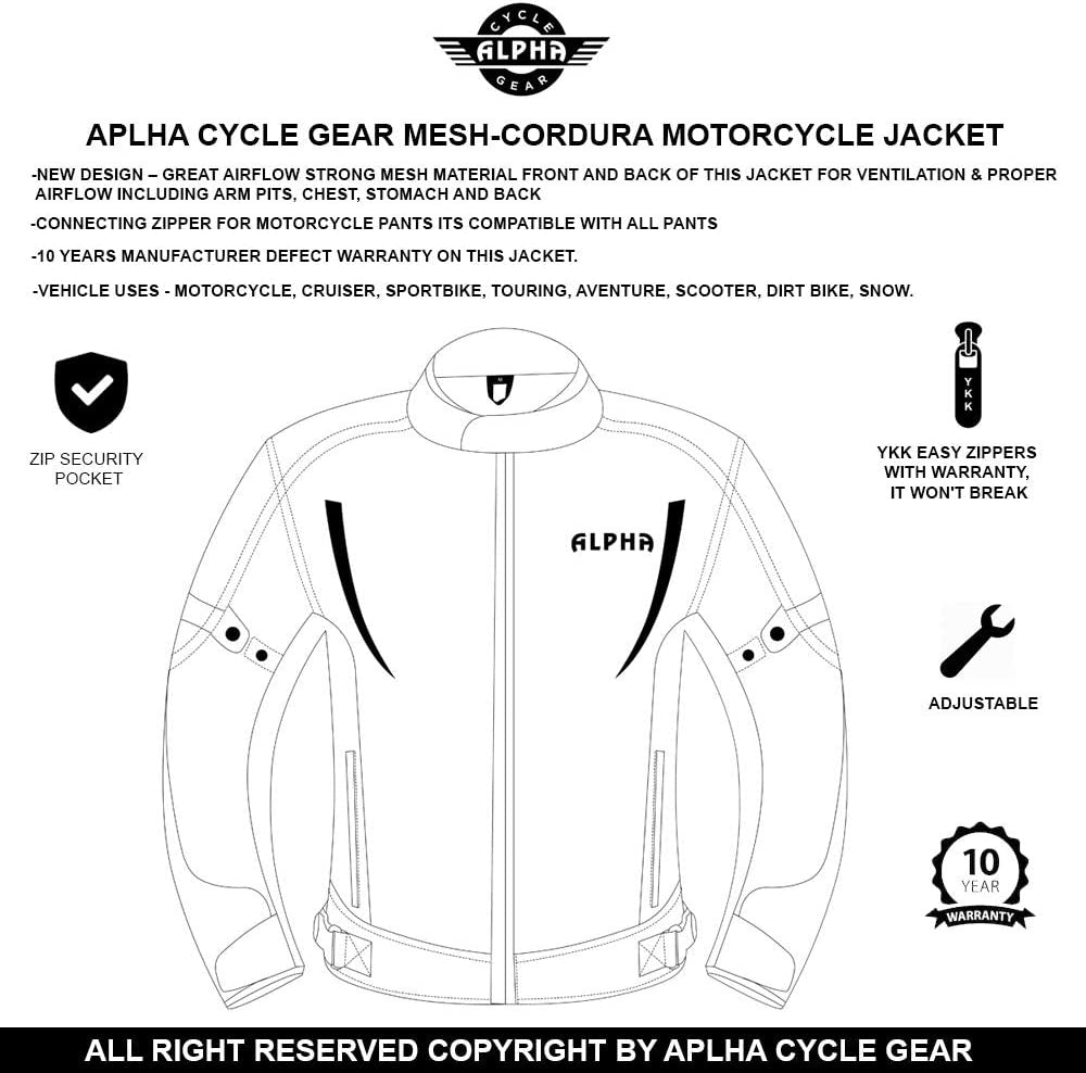 HI VIS MESH MOTORCYCLE JACKET for MENS RIDING BIKERS RACING DUAL SPORTS BIKE ARMORED PROTECTIVE… (BLACK, 4X-LARGE)