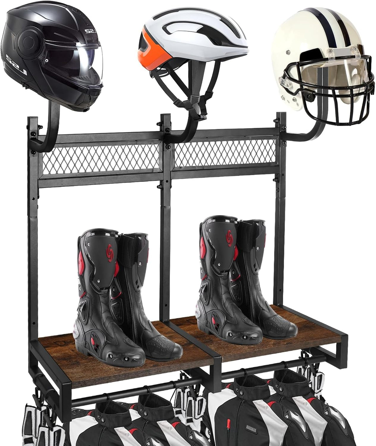 Motorcycle Helmet Holder Wall Mount with 3 Helmet Rack- Rustic Oak & Steel 120Lbs Capacity, 27"X11.8"X31.6" Garage Organizer for Helmets, Jackets, Gloves with 6 Hooks and 6 Clips