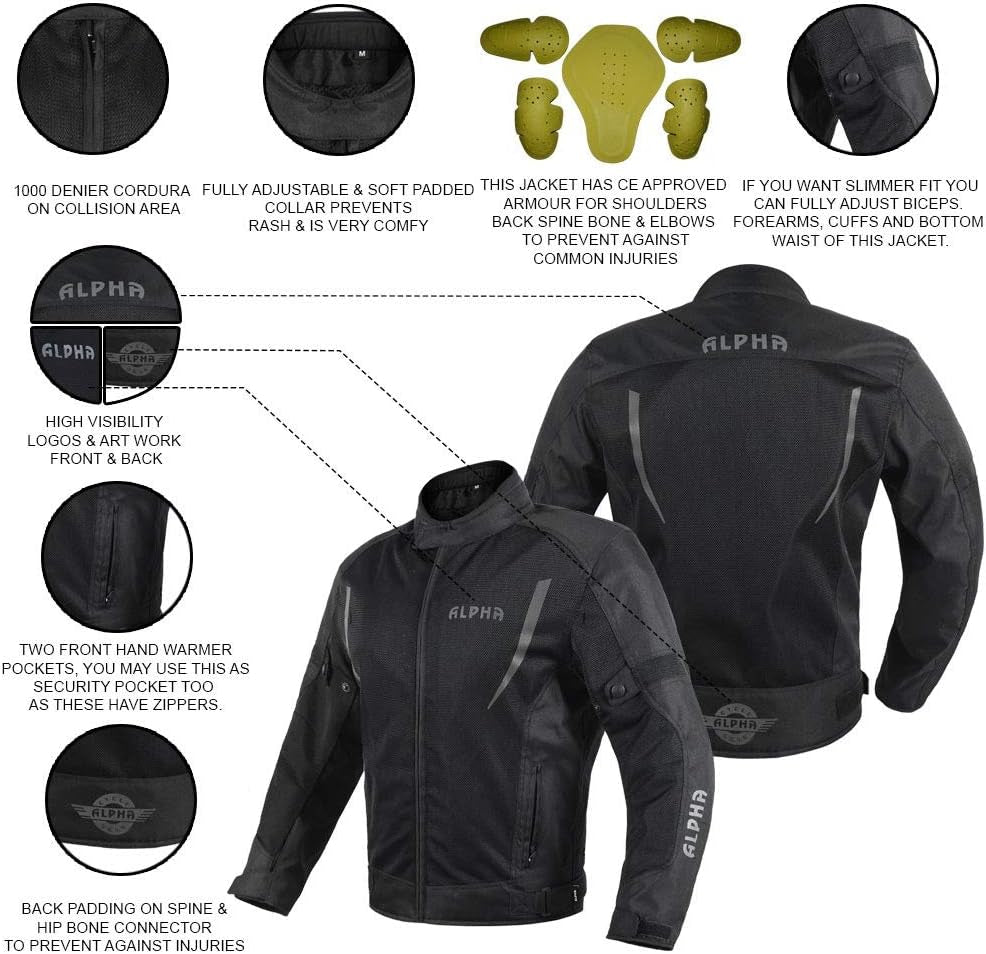 HI VIS MESH MOTORCYCLE JACKET for MENS RIDING BIKERS RACING DUAL SPORTS BIKE ARMORED PROTECTIVE... (BLACK, 2X-LARGE)