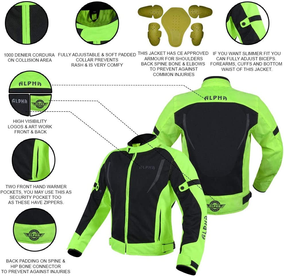 HI VIS MESH MOTORCYCLE JACKET for MENS RIDING BIKERS RACING DUAL SPORTS BIKE ARMORED PROTECTIVE… (HI VIZ GREEN, 3X-LARGE)