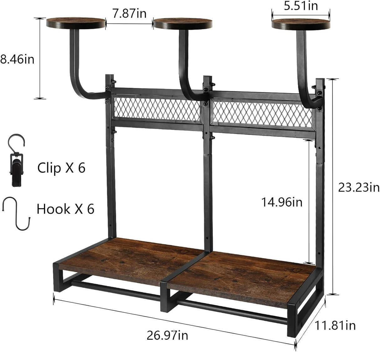 Motorcycle Helmet Holder Wall Mount with 3 Helmet Rack- Rustic Oak & Steel 120Lbs Capacity, 27"X11.8"X31.6" Garage Organizer for Helmets, Jackets, Gloves with 6 Hooks and 6 Clips