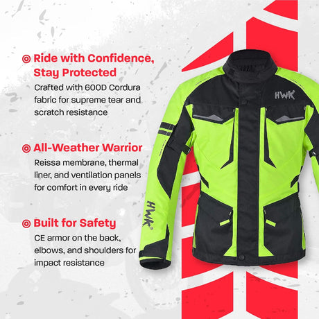 Adventure Touring Motorcycle Jacket for Men, Water Resistant Cordura Textile Biker Jacket for Men, Durable and Stylish Moto Gear with CE Armor for Enduro Motorbike Riding - Hi-Vis Green, 3XL