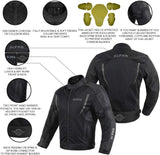HI VIS MESH MOTORCYCLE JACKET for MENS RIDING BIKERS RACING DUAL SPORTS BIKE ARMORED PROTECTIVE… (BLACK, MEDIUM)