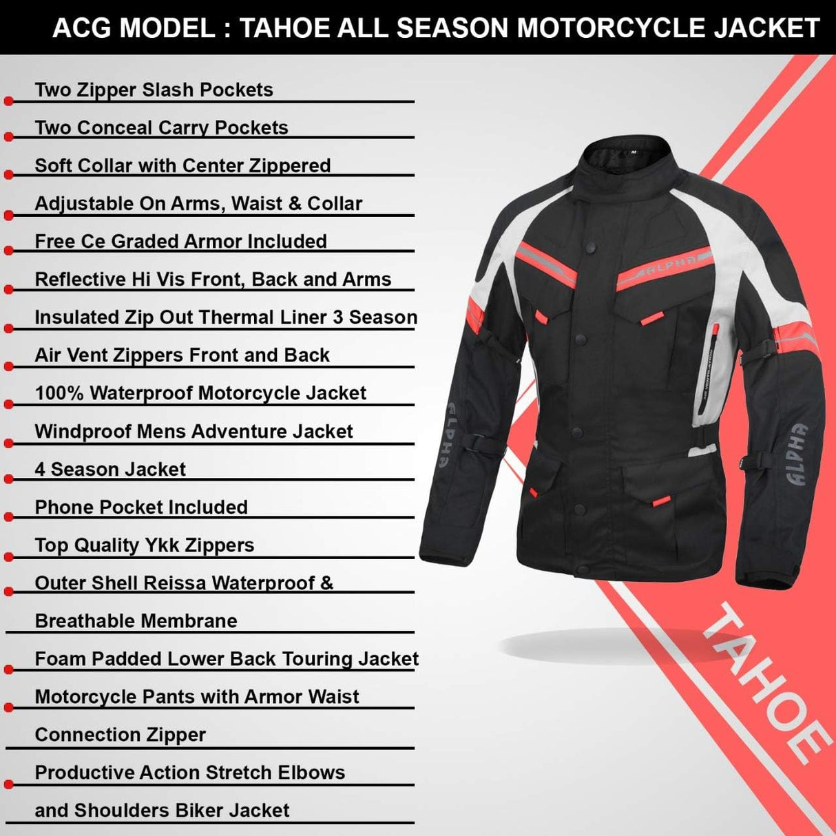 ACG TAHOE-J106 MOTORCYCLE ADV JACKET (BLACK/RED, 4X-LARGE)