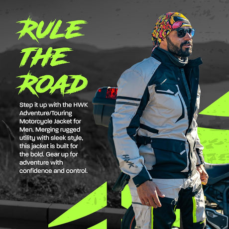 Adventure Touring Motorcycle Jacket for Men, Water Resistant Cordura Textile Biker Jacket for Men, Durable and Stylish Moto Gear with CE Armor for Enduro Motorbike Riding - Hi-Vis Green, 3XL